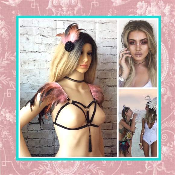 Unique Styles feather bra Other - 🎀 3PC PINK FEATHER BRA HAIR CLIP NECKLACE BOHO HARNESS COVER BURNINGMAN STYLE